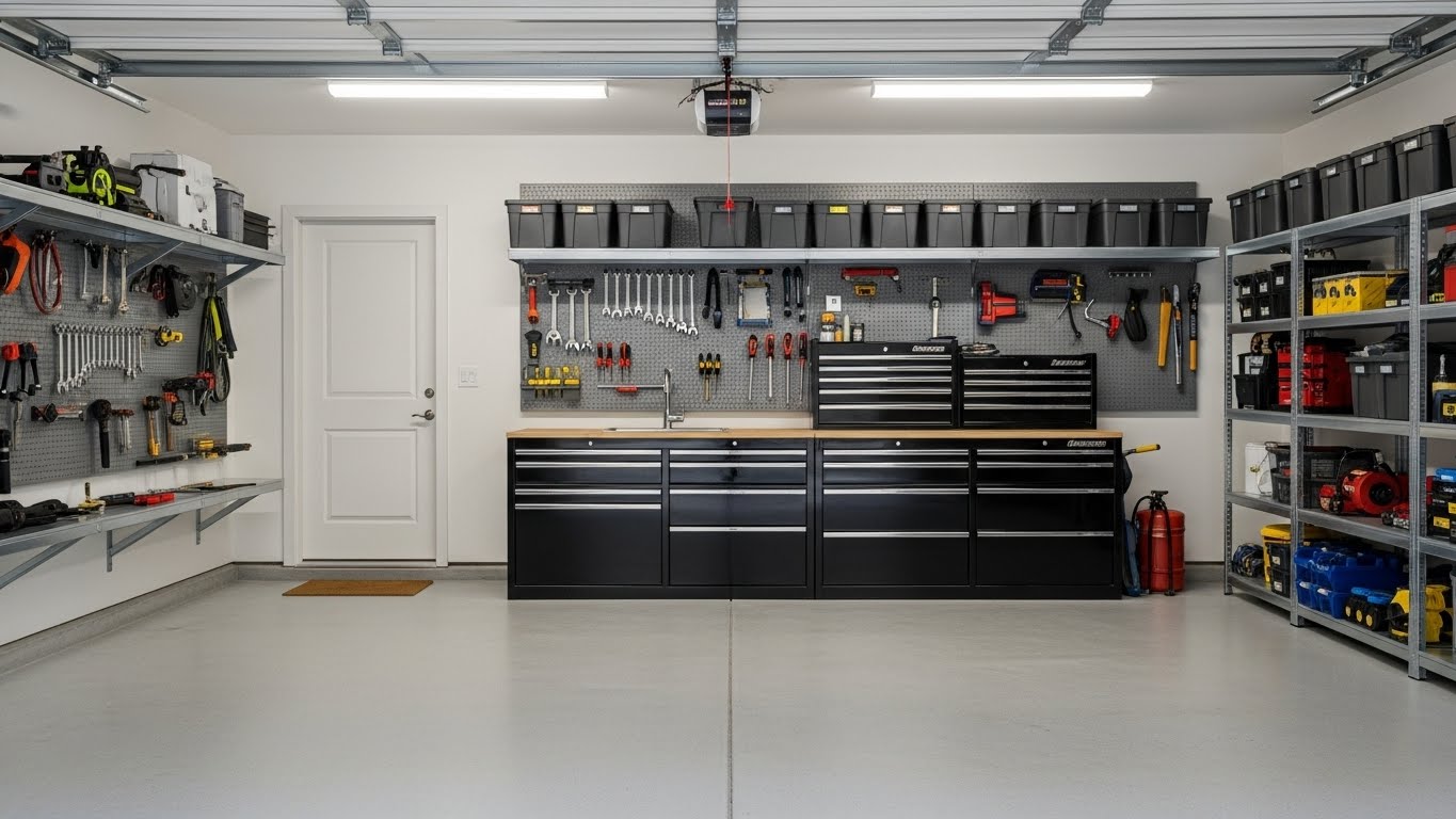 Showroom-quality garage with organized tool wall